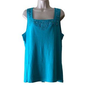 KAREN SCOTT Teal Blue Ruffled Tank Top